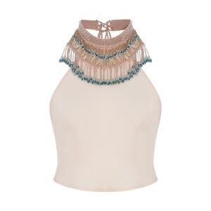B2. NWT MY BEACHY SIDE X EMILY IN PARIS BEGONIA BEADED HALTER TOP